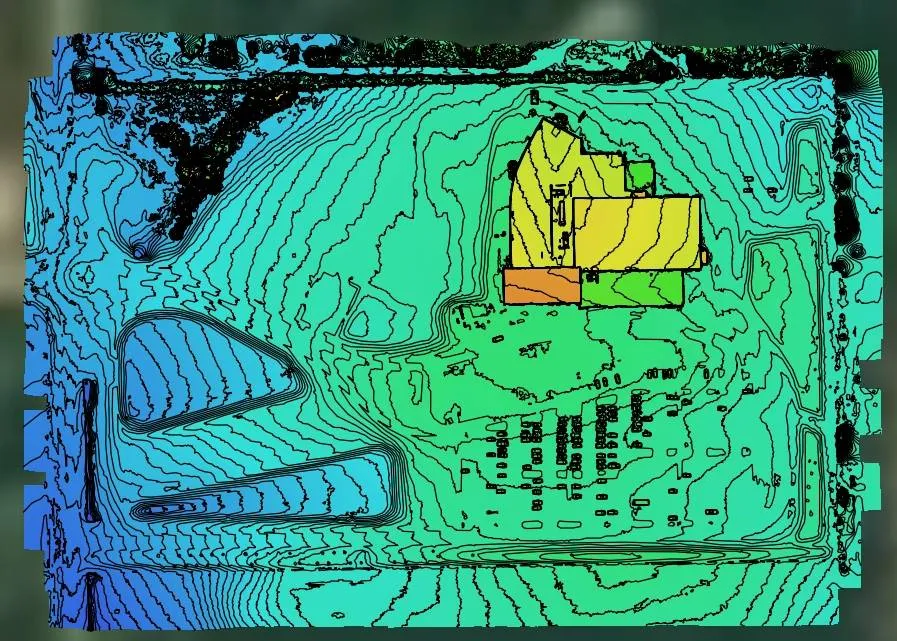 Contour line mapping showing elevation changes at 1 to 5 foot intervals for grade planning